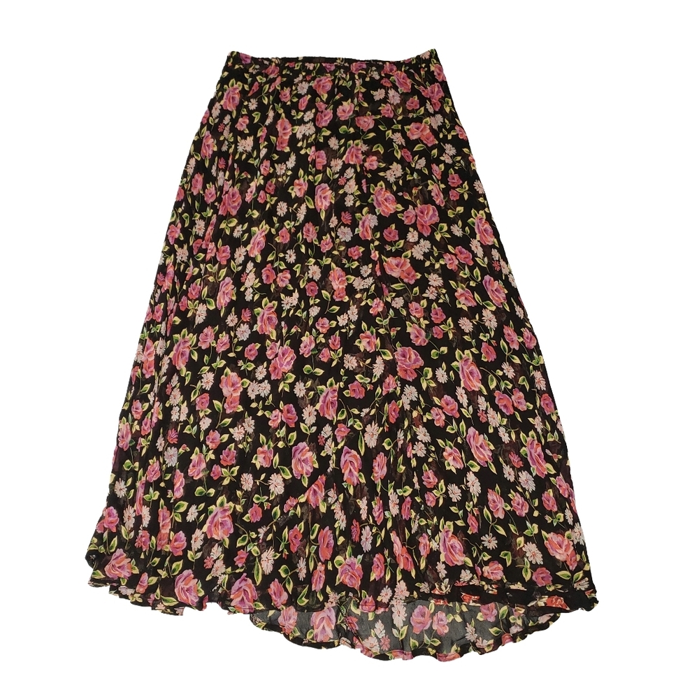 Chic Floral Maxi Skirt in Black and Pink